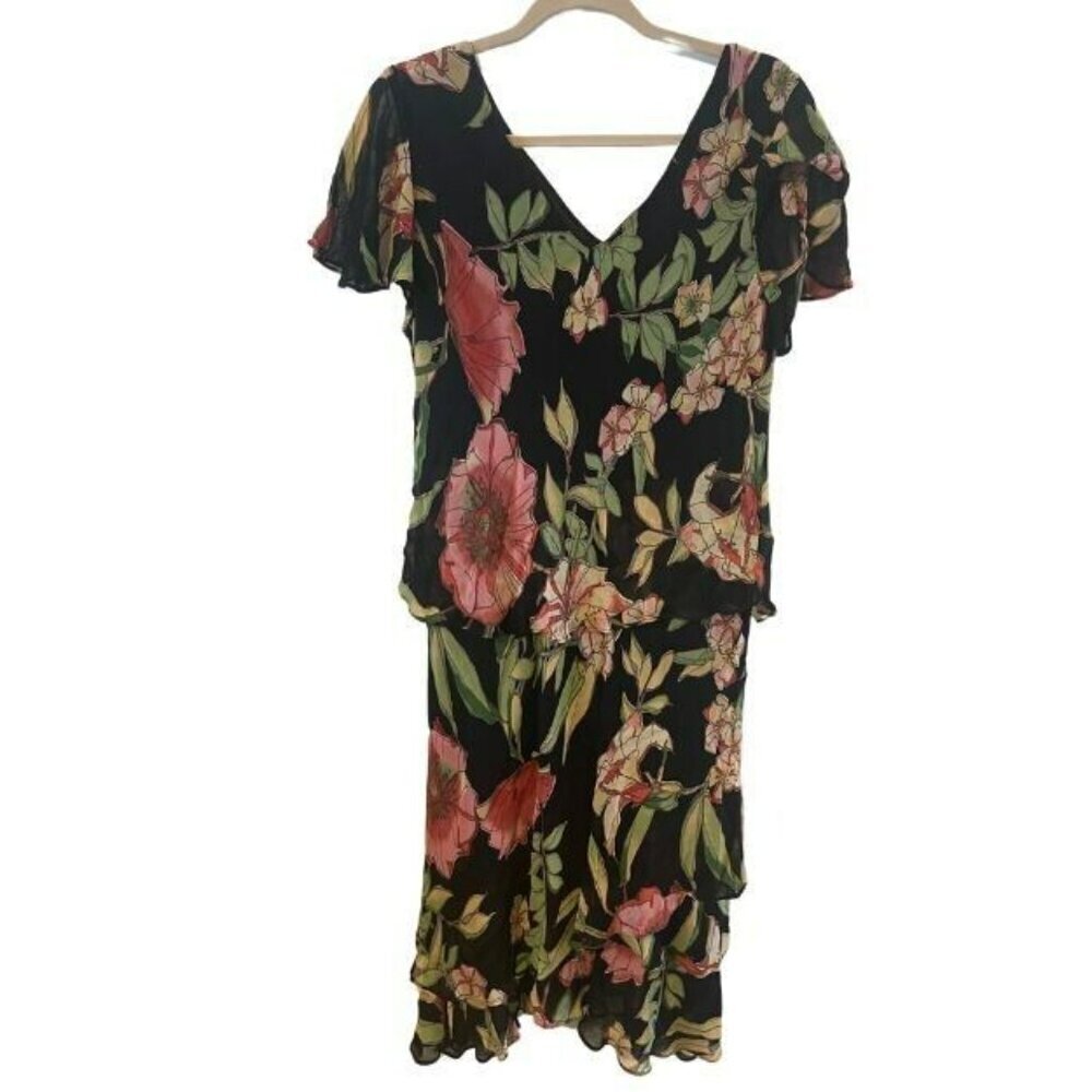 Lola P. New York Flutter sleeve Black floral tiered beaded mid dress L Rayon